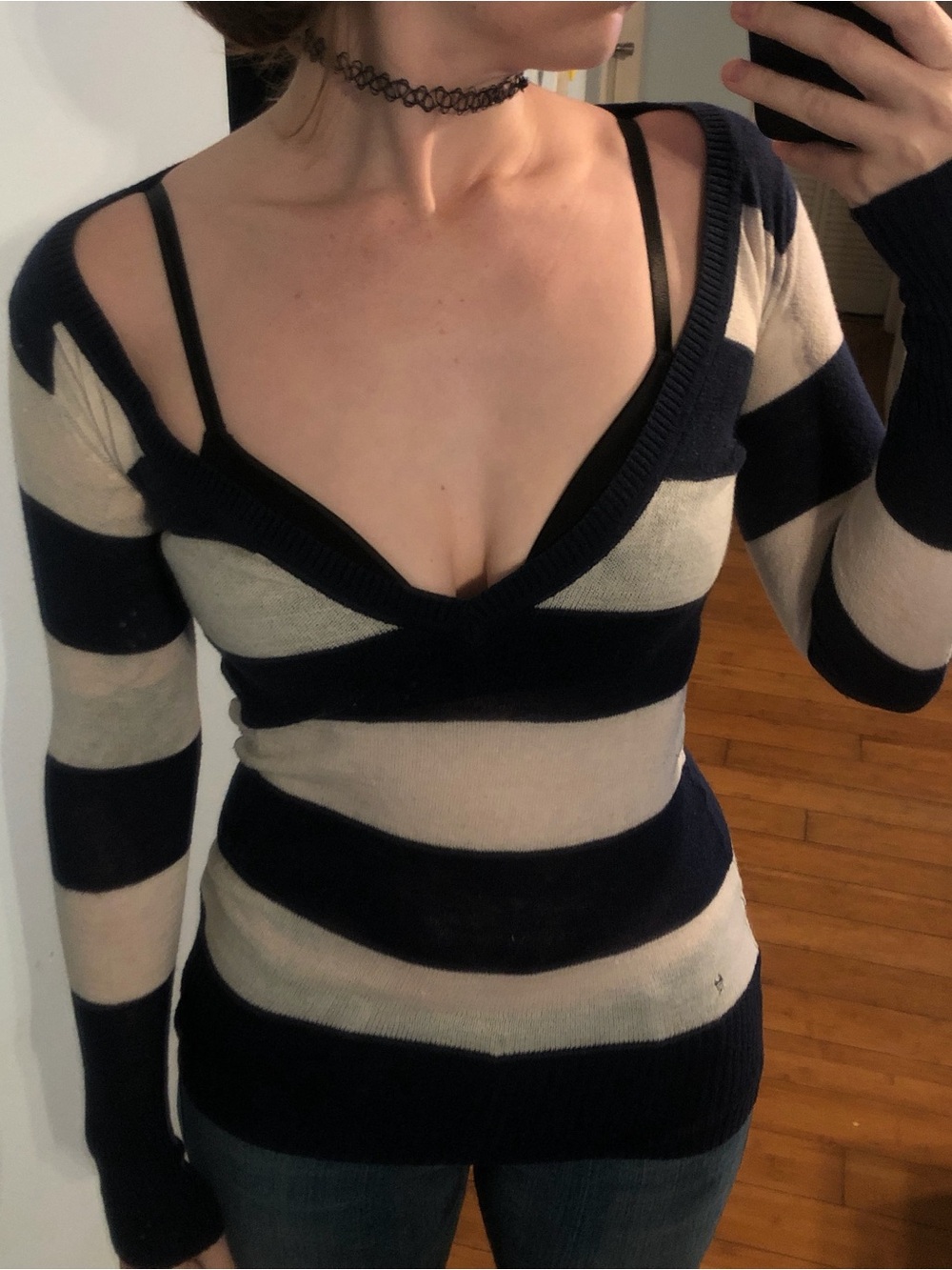 lola Navy and Cream Striped Long Sleeve V-Neck Top